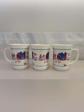 Arcopal France Milk Glass Mug Country Farm Scene Set of 3 Vintage Cottage Core